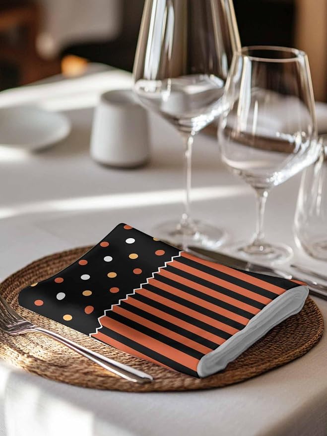 Halloween Cloth Napkins 20x20in Orange Black Striped Washable Soft Dinner Napkins Polka Dot Table Napkin Cloth for Hotel, Holiday, Dinner, Parties Table Decorations Set of 8 - Image 5