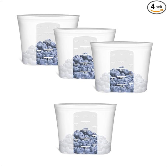 Reusable Snack Bags, 4 Pack, Stand Up 100% Silicone Reusable Storage Bag, Ziplock Silicone Food Storage Containers Snack Size, Freezer Microwave Oven Dishwasher Safe, Translucent, 16oz by Annaklin