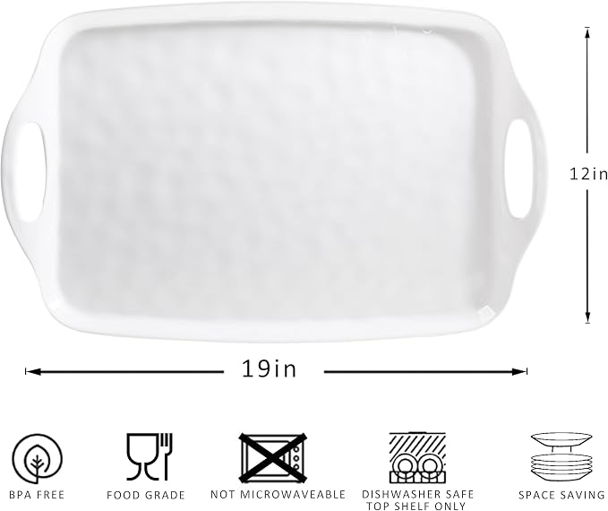 Large Serving Tray with Handle, 19”x12” Rectangular Melamine Serving Platters, Set of 2, Kitchen Food and BBQ ServingTray, Breakfast Tray, Dishwasher Safe, Bright White - Image 6
