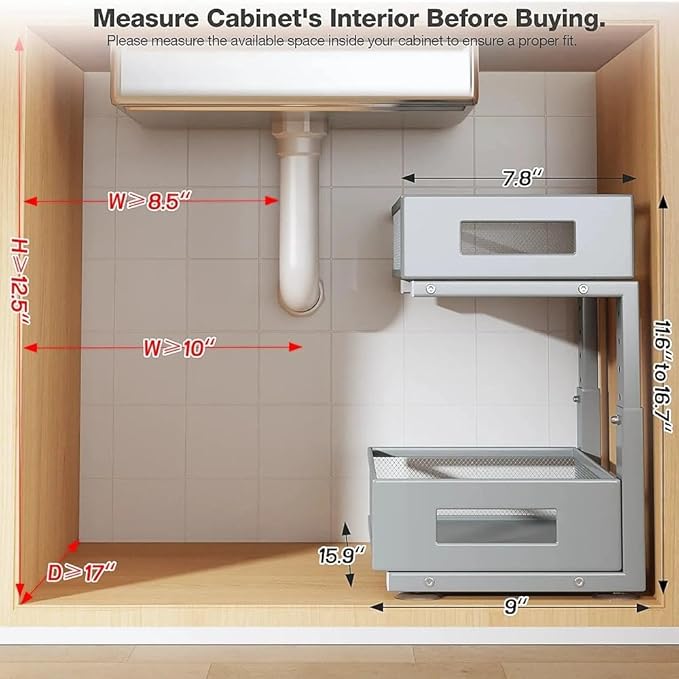 Under Sink Organizer,2-Tier Dual Pull Out Cabinet Organizer Drawers With Smooth Circular Rail,Large Capacity Metal Mesh Sliding Shelves For Bathroom& Kitchen Storage,Height Adjustable–Gun Gray,2 Packs - Image 2