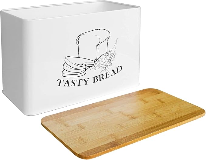 SOTECH Bread Box for Kitchen Countertop White Metal Bread Box with Bamboo Board Cover Pastry Storage Container Set Kitchen decor (NO Handle White Box) by SOTECHLLC