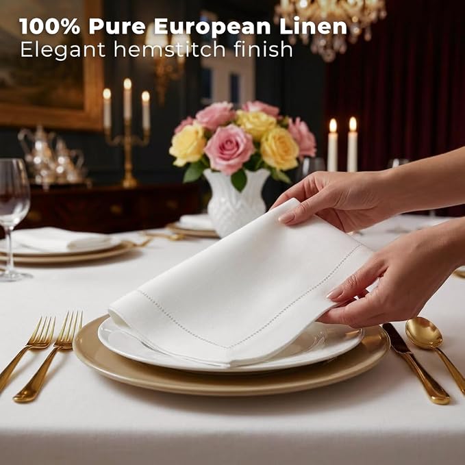 Signature Linen™ by D'Moksha White Dinner Napkins Set of 4, 20 x 20 Inch Cloth Napkins, 100% Pure Linen, Hemstitch, Machine Washable Table Napkins- Summer, Weddings, Outdoor hostings - Image 3