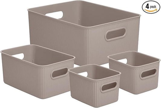 Superio Ribbed Collection - Decorative Plastic Basket Open Home Storage Bins Organizer, Taupe (Set of 4) 1 Large, 1 Medium, 2 Small - Container Boxes for Organizing Closet Storage Bins for Shelves by Superio