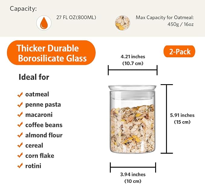 ZENS 27oz Glass Jars with Airtight Lid Set of 2, Clear Glass Storage Containers, Glass Kitchen Canisters with Airtight Lids, Coffee Jars for Brown Sugar, Pantry Organization | Thick Borosilicate Glass Canisters with Airtight Lids for Herbs, Thick Boros... - Image 3