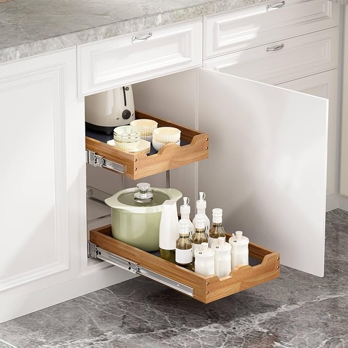 OCG 2 Tier Pull Out Drawers For Cabinets, Double Tier Slide out Wood Cabinet Organizer, Pull Out Shelves for Base Cabinet Organization in Kitchen, Pantry, Bathroom - Image 5