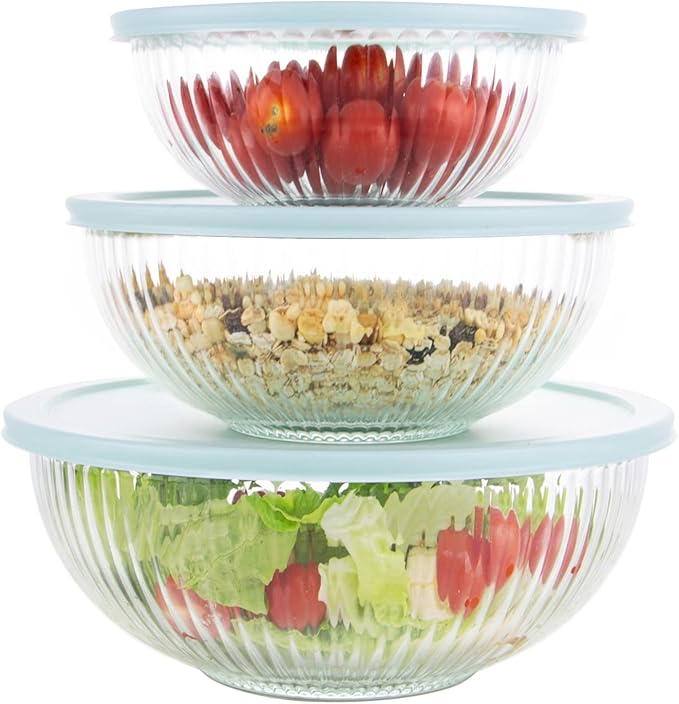 WhiteRhino Glass Mixing Bowls with Lids Set of 3(3.7QT, 2.1QT, 1.1QT),Large Kitchen Salad Bowls, Space-Saving Nesting Bowls, Clear Glass Serving Bowls for Cooking,Baking,Prepping,Dishwasher Safe by WhiteRhino