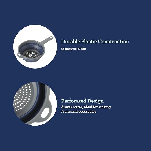 Oster Bluemarine Foldable Handled Strainer – 7-Inch Collapsible Colander for Pasta, Veggies, Fruits, Compact Kitchen Tool, Dishwasher Safe, Blue/Grey - Image 4