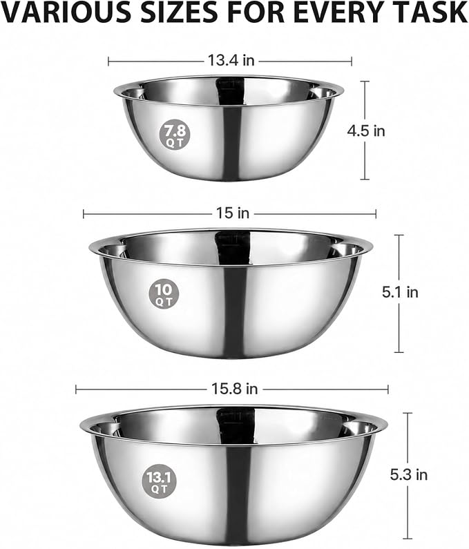 3 Piece Stainless Steel Mixing Bowls Set, 7.8/10/13.1 QT | Extra Large Stainless Steel Mixing Bowls Set, 7.8/10/13.1 QT, Nesting Metal Bowls with Flat Base for Baking, Dough & Catering - Image 3