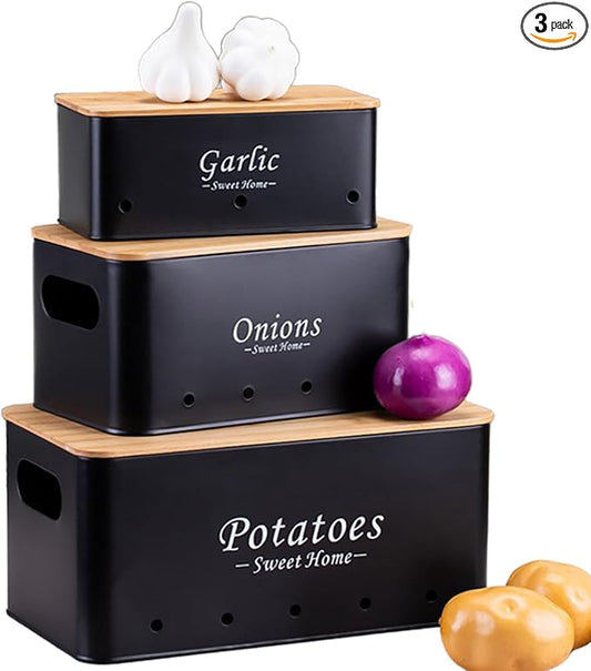 Kitchen Vegetable Storage Tins Set Of 3, Potato Onion Garlic Canisters | Storing potatoes, onions, and garlic. Features aerating holes to keep vegetables fresh and wooden lids for a stylish look by Simcat