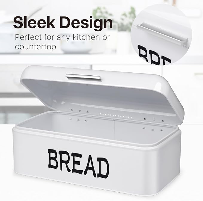 Flexzion Large Vintage Metal Bread Box for Kitchen Countertop, White | Bread Bin Storage Set Includes a White Butter Dish and Stainless Steel Butter Knife - Image 2
