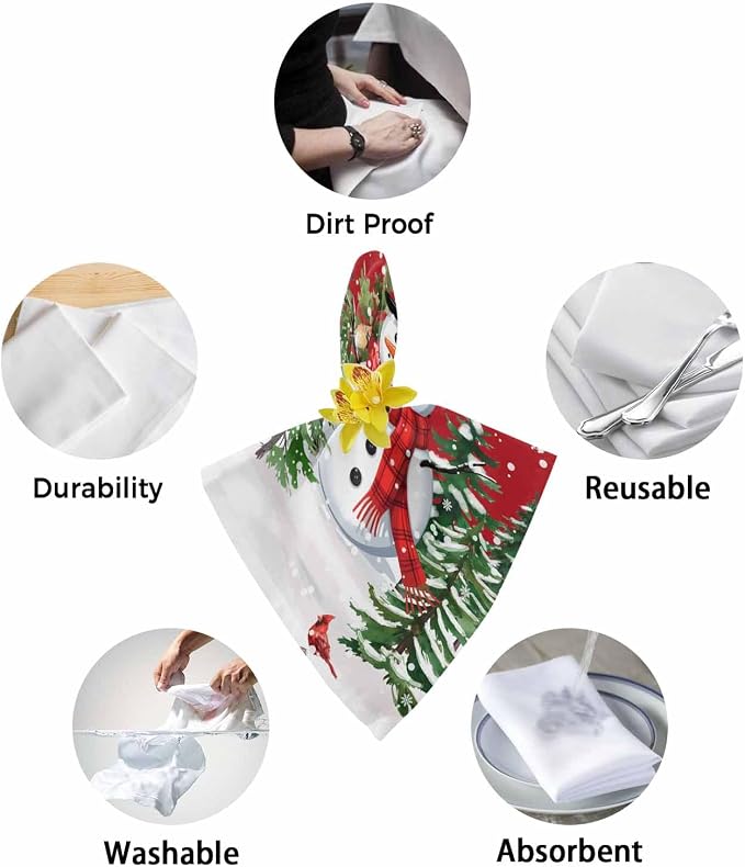 Red Snowman Christmas Cloth Napkins, Washable and Reusable Dinner Napkins Set of 2, Xmas Tree Snowflake Winter Branches Table Napkin for Kitchen Party Birthday Wedding Hotel Housewarming 20''x20'' - Image 6