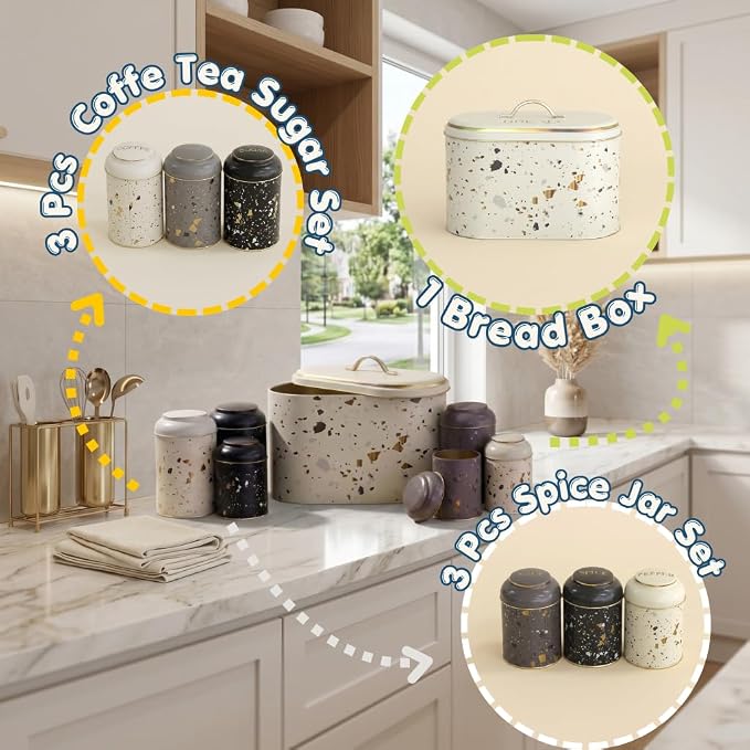 MARIA ROMA 7 Pcs Bread Box Set for Kitchen Countertop and Canisters Sets for the Kitchen Ideal for Bread Basket Sugar Container Coffee Canister Tea Tin Breadbox Vintage and Rustic Model - Image 2