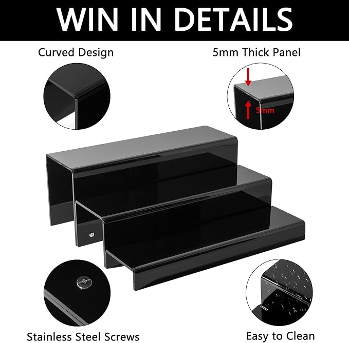 JUESHA 3 Tiers Bar Shelves for Liquor Bottles, 15" Black Acrylic Risers Display Racks Stands for Figures Pops Cupcake Perfume Collections (Patent: D1076520S) - Image 4