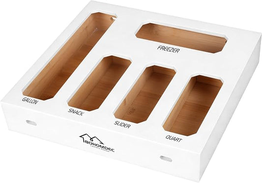 Bamboo Ziplock Bag Storage Organizer for Drawer -White, 5 in 1 Baggie Organizer with 24 Labels - Fits Gallon, Quart, Sandwich & Snack Bags - Wall Mountable Kitchen Drawer Organizer, 3in by BOHOMDEC