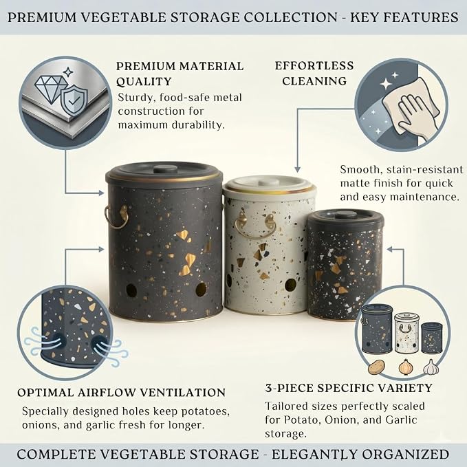 MARIA ROMA Metal Potato and Onion Storage Bin Set of 3 with Garlic Keeper - Vintage Metal Kitchen Canisters, Vegetable Storage Containers - Farmhouse Rustic Pantry Organization - Image 4