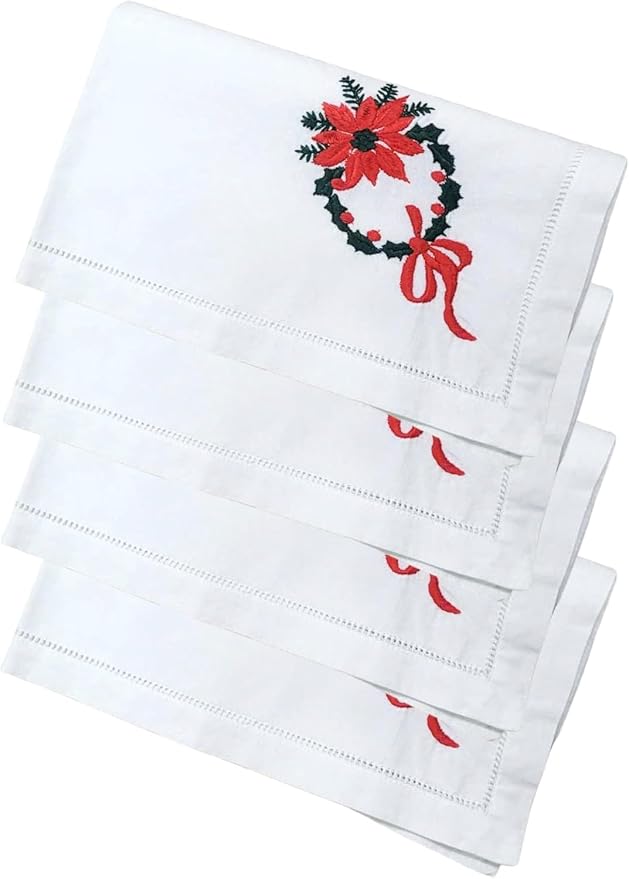 Embroidered Cloth Napkin Poinsettia Wreath Christmas Cotton Napkins Set of 6, 20 x 20 Hemstitch Table Napkins, Machine Washable, Daily & Holidays, Great Gift Ideas by Unknown