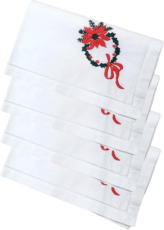 Embroidered Cloth Napkin Poinsettia Wreath Christmas Cotton Napkins Set of 6, 20 x 20 Hemstitch Table Napkins, Machine Washable, Daily & Holidays, Great Gift Ideas by Unknown