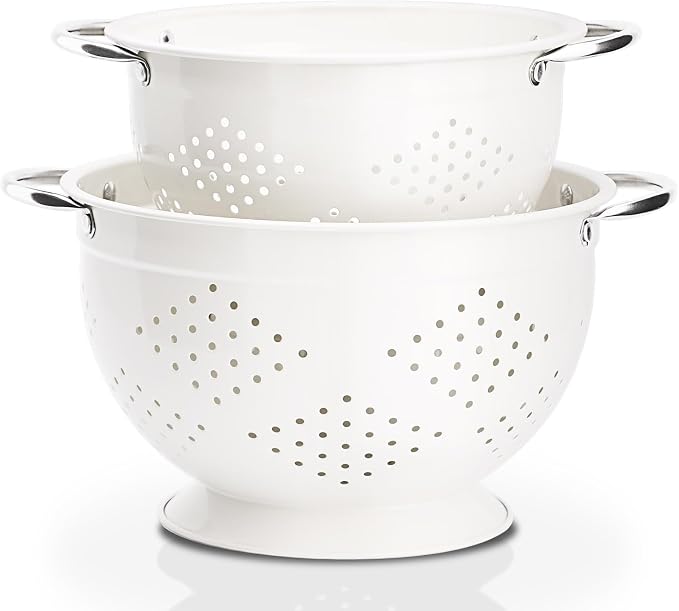 Powder Coated Steel Colanders: 3 Quart and 5 Quart Set of 2 - White | metal Pasta&Vegetable Strainer，Ergonomic Side Handles，Space-Saving Nesting Design by Rorence