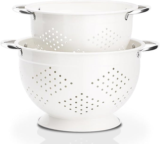 Powder Coated Steel Colanders: 3 Quart and 5 Quart Set of 2 - White | metal Pasta&Vegetable Strainer，Ergonomic Side Handles，Space-Saving Nesting Design by Rorence