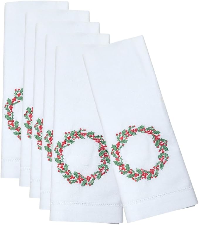 Embroidered Cotton Napkins Christmas 20x20 (Holly & Red Berries Wreath) by Unknown