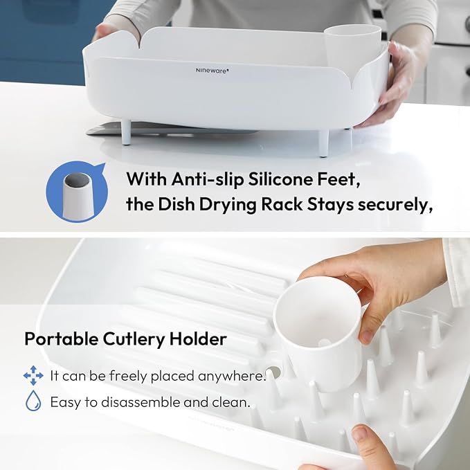 Split-Design Small Dish Drying Rack 9.5'' × 15.9'' × 4.9'' - White | Space-Saving Dish Drainer for Small Kitchen Countertops, Ideal for 1–2 Person Households or as a Secondary Rack - Image 7