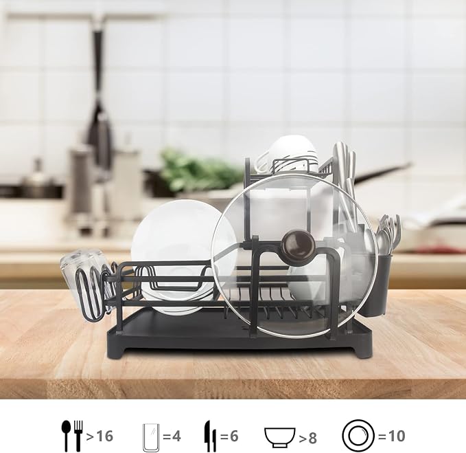 GMT-10353-A Black Aluminum Dish Drying Rack with Utensil Holder - 2 Tier Kitchen Countertop Rust Proof Dish Rack and Drainboard Set - Large Dish Organizer Rack - Image 5