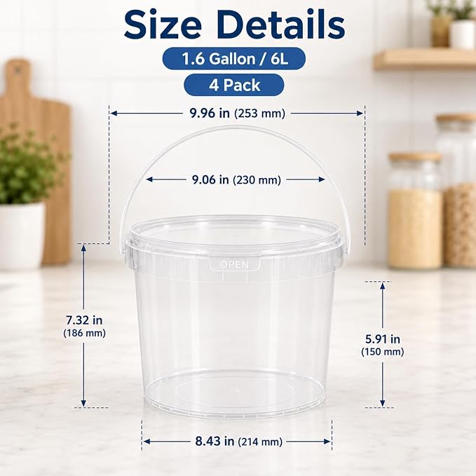 DEMORA 4 Pack 1.6 Gallon Food Grade Storage Buckets with Lids, Clear | BPA-Free & Stackable, Leakproof Freezer Safe; For Deli, Ice Cream, Meal Prep, Cleaning, Car Wash & Fishing - Image 2