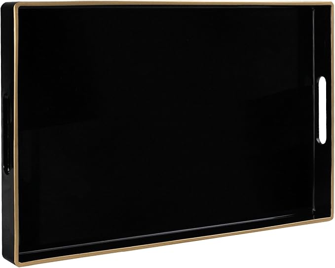 Black Decorative Tray for Coffee Table, Serving Tray with Handles | Plastic Melamine Tray, Modern Ottoman Tray, Rectangular Countertop Organizer Tray for Living Room, 15.8"L x 10.2"W x 1.4"H by MAONAME