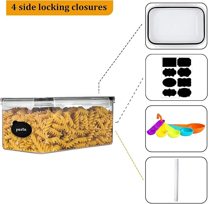 4pc 3.2L Large Airtight Plastic Canisters with Lids, Cups & Labels | Plastic Food Storage with Labels for Spaghetti, Cereal, Oats & Kitchen Pantry Organization, 4 Pack - Image 3