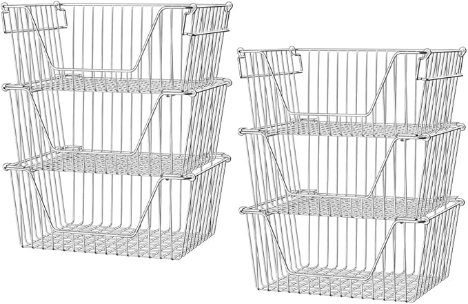 Slideep Stackable Storage Baskets Stainless Steel Cabinet Organizer Sturdy Metal Wire Pantry Freezer Bin for Pantry Home Bathroom Kitchen Organization 6 Packs by WelcometotheSlideep