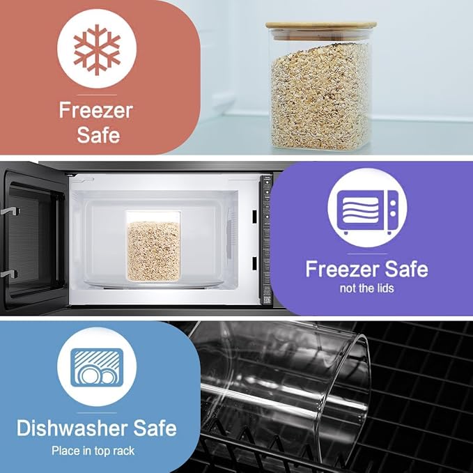5 Pack Square Glass Pantry Storage Containers with 132 Kitchen Food Pantry Labels - Clear Glass Pantry Jars with Airtight Wood Bamboo Lids - Glass Canisters for Pasta, Cereal, Coffee, Flour, Sugar - Image 5