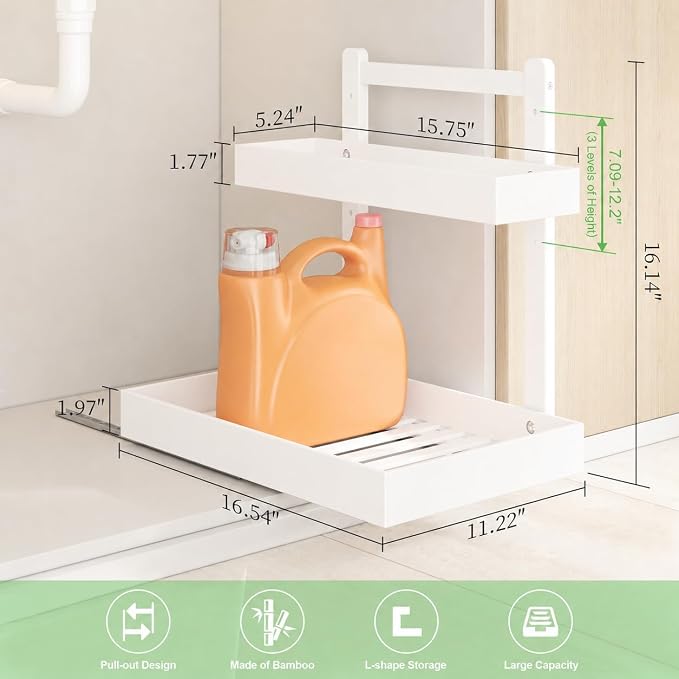 Bamboo Under Sink Organizer, 2-Tier Pull Out Cabinet Organizer | Kitchen Sink Organizer | Bathroom Cabinet Organizer | Cleaning Supply Storage | L-Shape | 3-Level Adjustable | Natural Bamboo - Image 7
