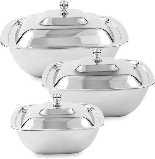 CRAFTONE Stainless Steel Square Mixing Bowls Set of 3 with Lid, Ideal for Baking & Serving Salad, Rice, Desert, Food Storage Bowl Set (20 Oz, 30 Oz and 35 Oz) by CRAFTONE