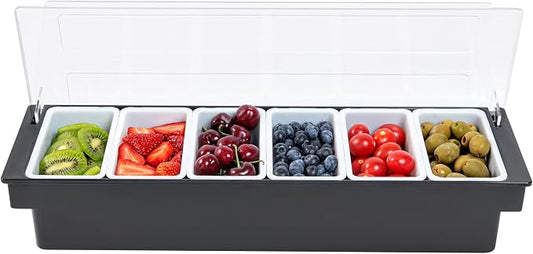 Restaurantware Bar Lux 19.6 x 6.3 x 3.7 Inch Condiment Caddy 1 Durable Bar Caddy - 6 Removable Compartments Built-In Lid Black Plastic Condiment Holder For Restaurant Store Cocktail Garnish by Restaurantware