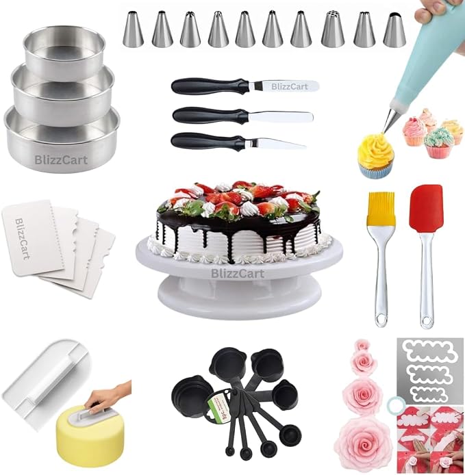 12 Piece Cake Decorating Nozzle Cake Making Set, Cake Decoration Kit with 360-Degree Rotating Turntable, Icing Nozzles, Scraper Set, Silicone Spatulaa,ound Cake Mould (Combo 4) by Unknown