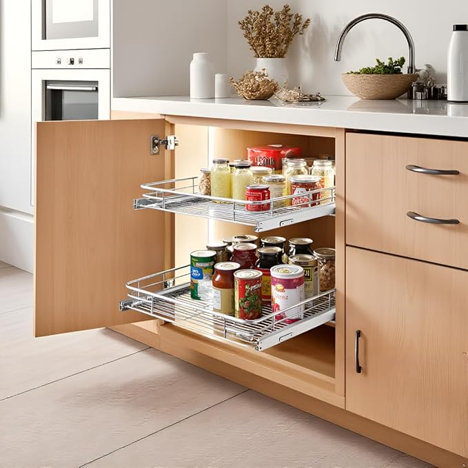 Cabinet Pull Out Shelves 14" W x 21" D, Chrome-Plated Steel | Heavy-Gauge Wire Kitchen Cabinet Organizer, 100 lbs Capacity, Ball-Bearing Glides, Min 15" Opening, Under Sink Organizer - Image 7
