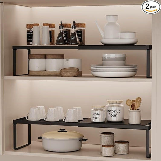 Magheo Expandable Cabinet Shelf Organizer, 2 Pack Stackable Kitchen Counter Shelf Riser, Metal Spice Rack Heavy Duty Countertop Organizer Storage for Kitchen, Pantry, Cupboard, Rv (5.9in Height,Black) by MAGHEO