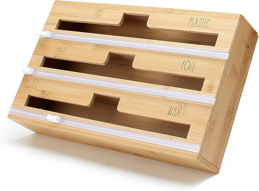 Rae Dunn Bamboo Bag Organizer for Kitchen Drawer - Durable Wood Organizer for Kitchen Storage - Holds Gallon, Quart, Snack, Sandwich Size Baggies, Plastic Wrap and Foil by RaeDunn