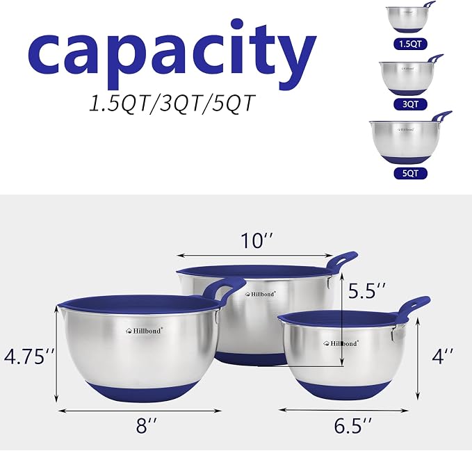 Hillbond Mixing Bowls with BPA Free Airtight Lids Stainless Steel Nesting Bowls with Pour Spout, Silicone Handle Non-Slip Bottoms for Baking, Dishwasher Safe Metal Bowls, 1.5, 3, 5 QT (Blue) | BPA Free Airtight Lids, Nesting Bowls with Pour Spout, Sili... - Image 5