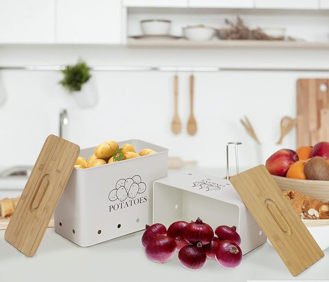 Potato and Onion Storage Bin Set of 2, Vented Metal Vegetable Storage with Wooden Lids, Farmhouse Kitchen Canisters for Countertop Pantry Organizer, Potato Bin Onion Holder for Produce Storage, White - Image 5