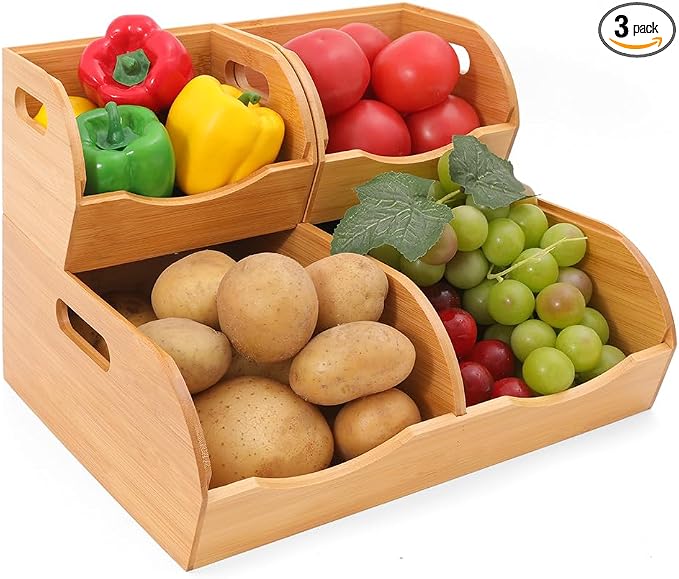Stackable Bamboo Pantry Organizer - 3-Piece Storage Basket Set for Potato, Onion & Kitchen Cabinet, Tool-Free Assembly, Multi-Size Bins by XiaoyuziTF
