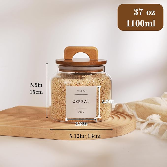 4 Pack Glass Pantry Storage Containers with 132 Pantry Labels - 37 FL OZ Kitchen Glass Canisters with Bamboo Airtight Lids - Farmhouse Glass Pantry Jars for Cookie, Rice, Pasta, Cereal, Bath Salt - Image 4