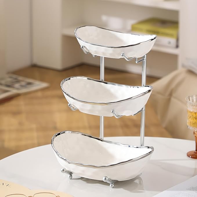 XUDREZ 3 Tier Fruit Bowl with Metal Stand for Kitchen Counter, Ceramic White Gold Silver, Tiered Fruit Basket for Nuts, Snacks, Bread, Candy Storage (White B) - Image 3