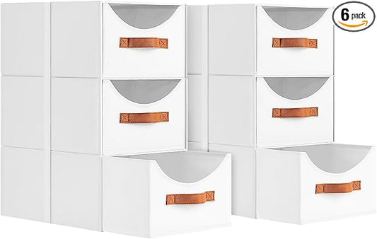 Stackable Storage Drawers - Collapsible Storage Bins with Drawers, 6 Pack Closet Shelf Organizer Basket, Fabric Pull Out Organizer for Bedroom, Living Room, Dorm, White by Homsorout