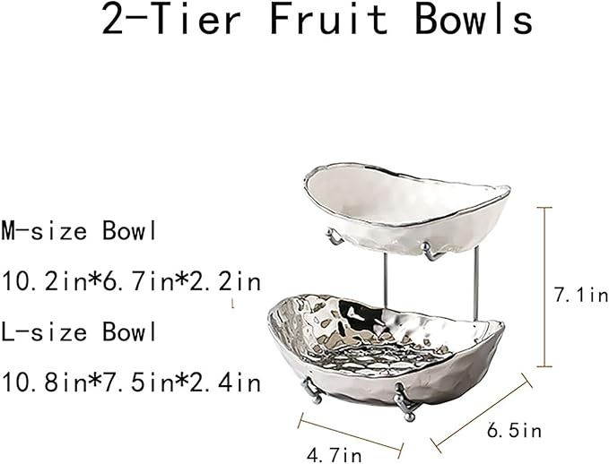 2-Tier Fruit Bowls for Kitchen Counter,Ceramic Bowl with Silver Metal Stand,2 Tier Fruit Basket for Fruit,Snack,Cake,Nuts,Dessert Space Saving Storage - Image 2