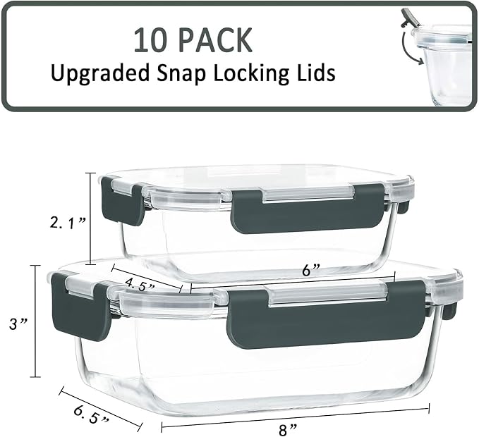 M MCIRCO 10 Pack Glass Food Storage Containers with Lids, Gray | Glass Meal Prep Containers,Airtight Lunch Containers with Lids, Microwave, Oven, Freezer and Dishwasher Friendly, BPA Free - Image 2