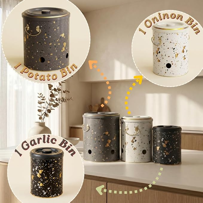 MARIA ROMA Metal Potato and Onion Storage Bin Set of 3 with Garlic Keeper - Vintage Metal Kitchen Canisters, Vegetable Storage Containers - Farmhouse Rustic Pantry Organization - Image 3
