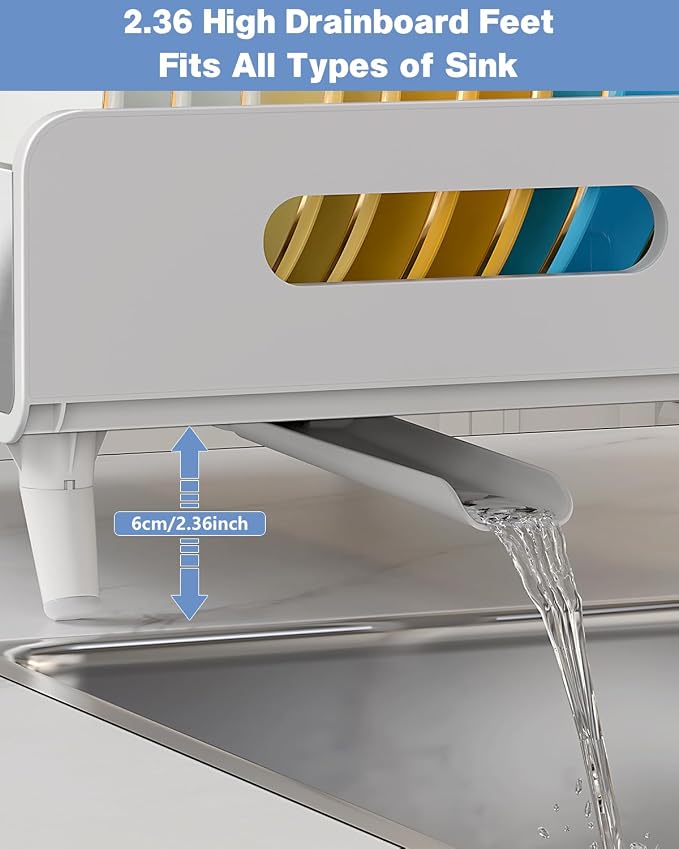Dish Drying Rack, Thicker Premium Aluminum Frame and 304 Stainless Steel Plate Rack for Kitchen Counter, Automatic Drainage Spout, Dish Drainer & Drainboard Set with Utensil Holder, White - Image 4