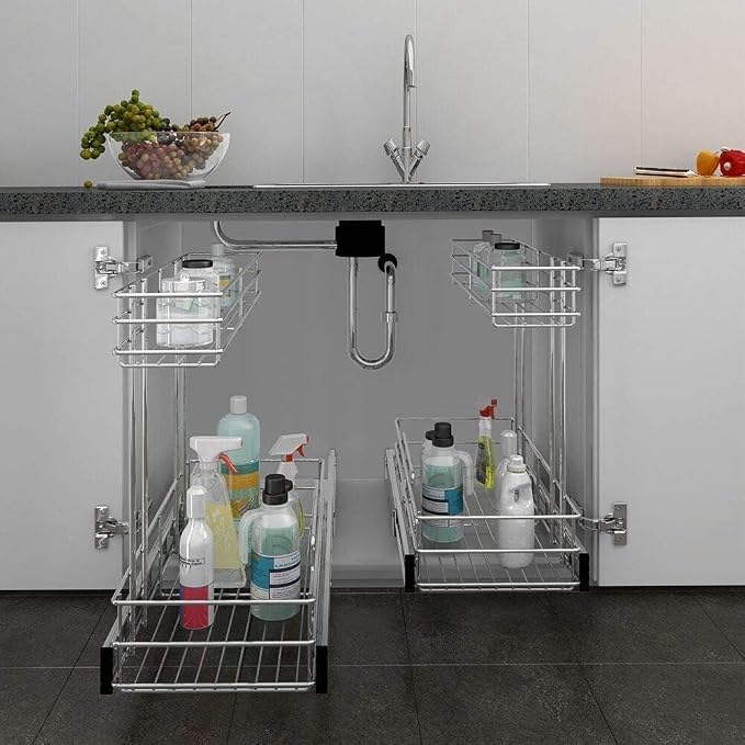 Under Sink Organizer 9" W X19 D, Pull Out Cabinet Organizer 2 Tier | Chrome Plated, Full Slide Out, Under Kitchen Bathroom Sink Organizer, Pantry Cabinet Closet Organization Rack, 1 Pack - Image 8