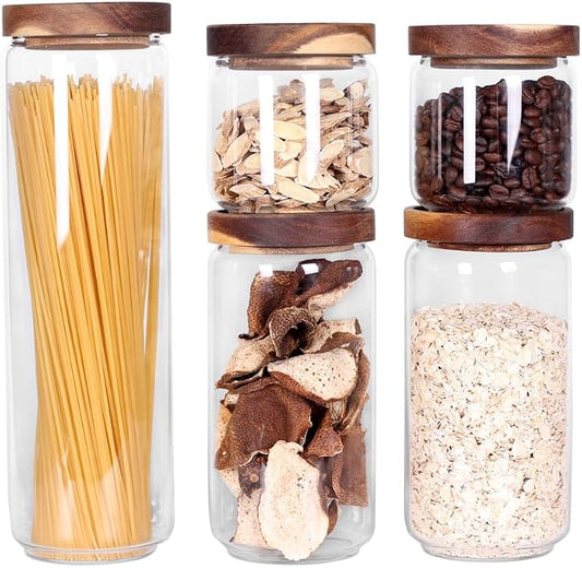 SAIOOL Set of 5 Kitchen Canisters,Thick, Stackable, Natural Style,Cookie, Rice and Spice Jars - Sugar or Flour Container - Big and Small Airtight Food Jar for Pantry by SAIOOL